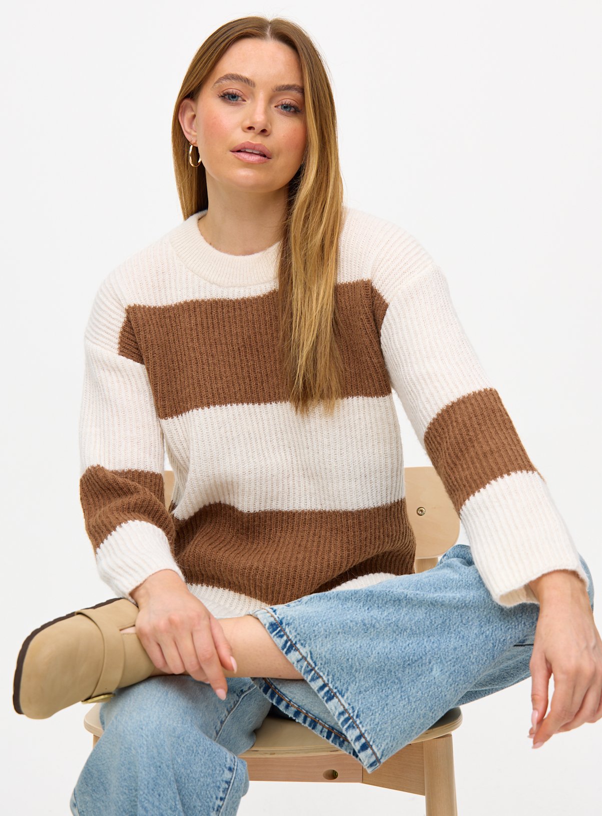 Cream & Brown Stripe Side Split Jumper  S - Image 3 thumbnail